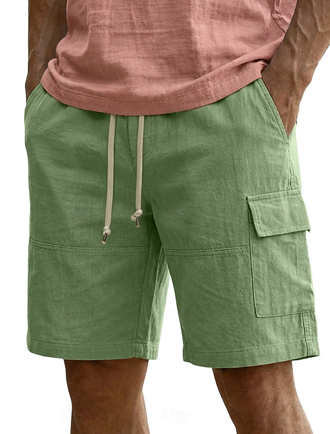 Men's Cargo Shorts Linen Summer Beach Drawstring Elastic Waist