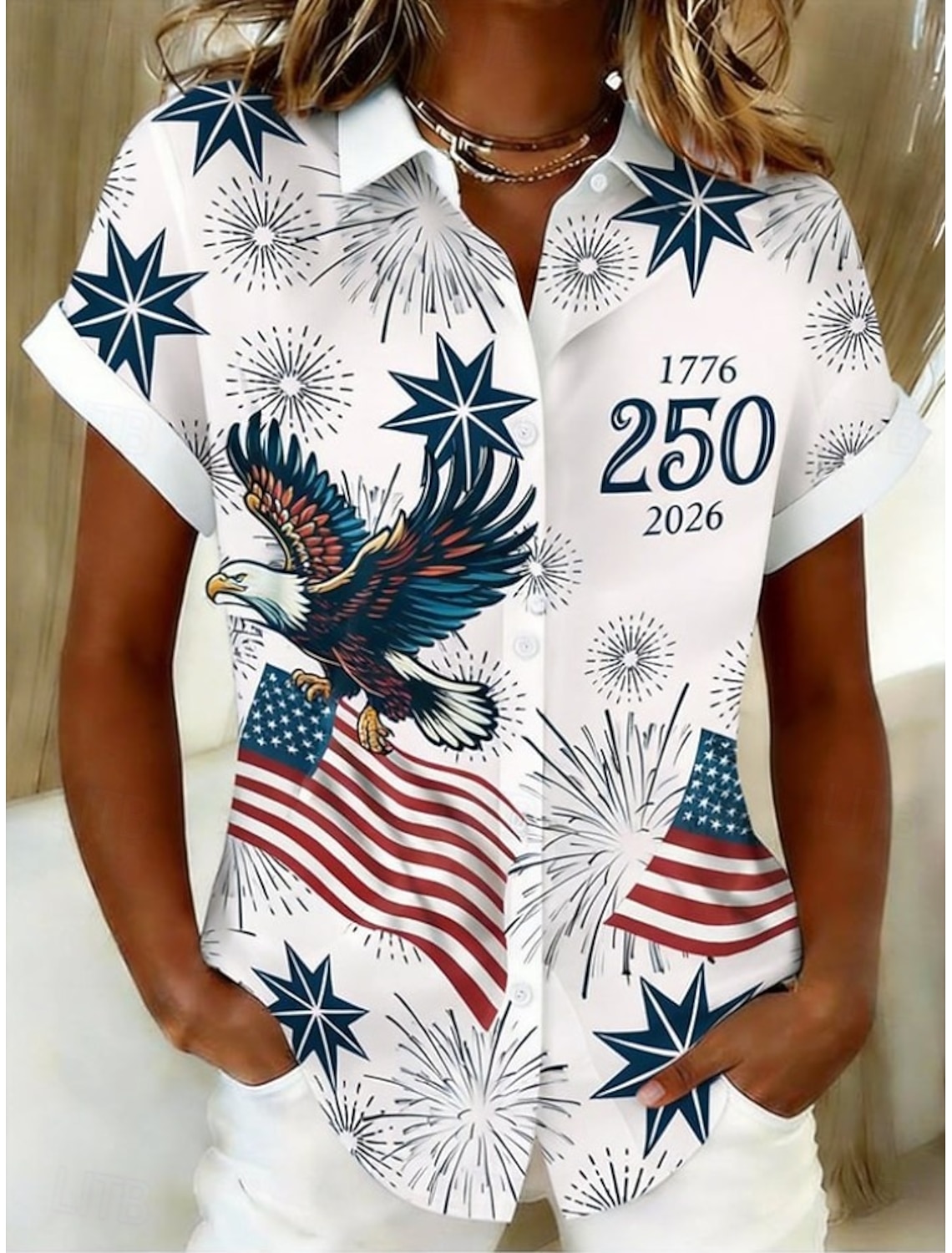 American Independence Day Women's Shirt Short Sleeve Graphic Flag Vintage Stylish Casual Sleeveless Shirt Collar Regular Tops Daily Blue White Light Blue Summer Spring