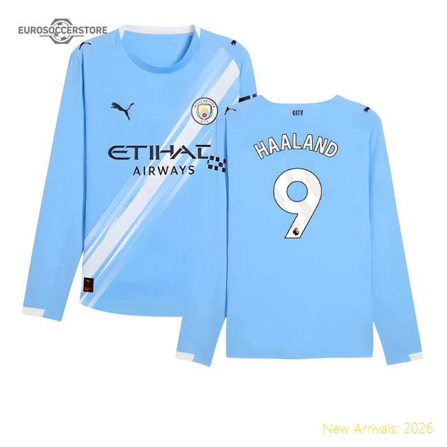 2025-2026 Classic Man City Authentic Long Sleeve Home Jersey Haaland 9