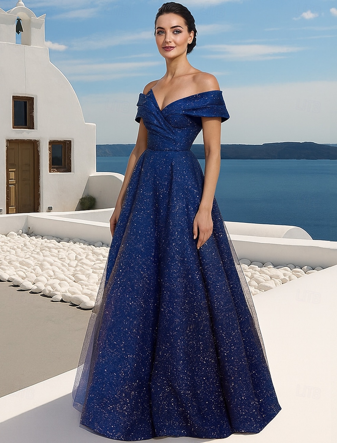 A-Line Floor Length Prom Dresses Elegant Sparkle & Shine Tiered Plisse Short Sleeve Off Shoulder Wedding Guest Party Wear Tulle with Embroidery Tiered