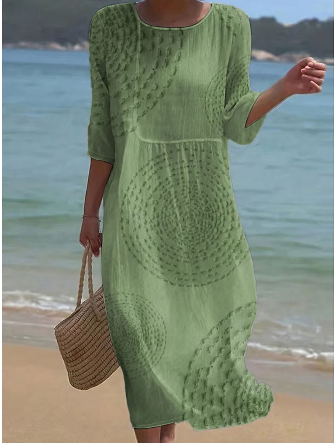 Women's Maxi Dress Linen Like Breathable Lightweight Kaftan 3/4 Length Sleeve Crew Neck Casual Dress A Line Dress Boho Regular Fit Graphic Abstract White Blue Green Khaki Spring Fall