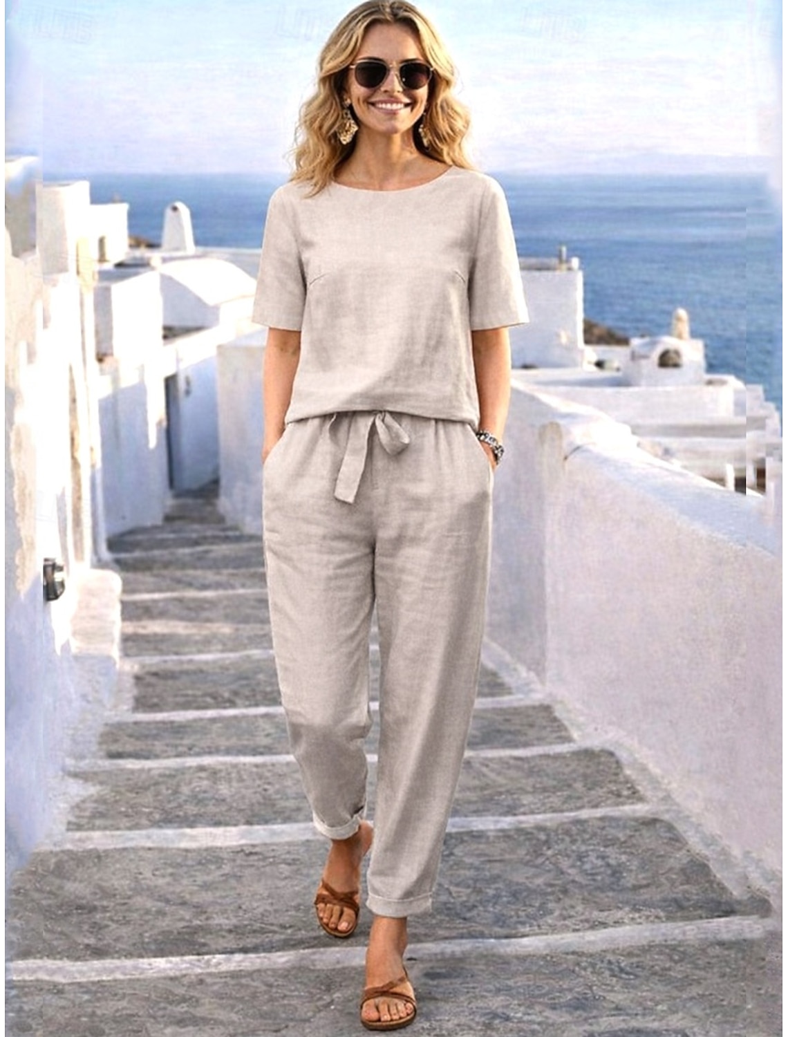 Women's Cotton Linen Sets 3/4 Length Sleeve Stand Collar Solid Color Daily Distressed Casual Daily Black Yellow Wine Summer Loose Fit