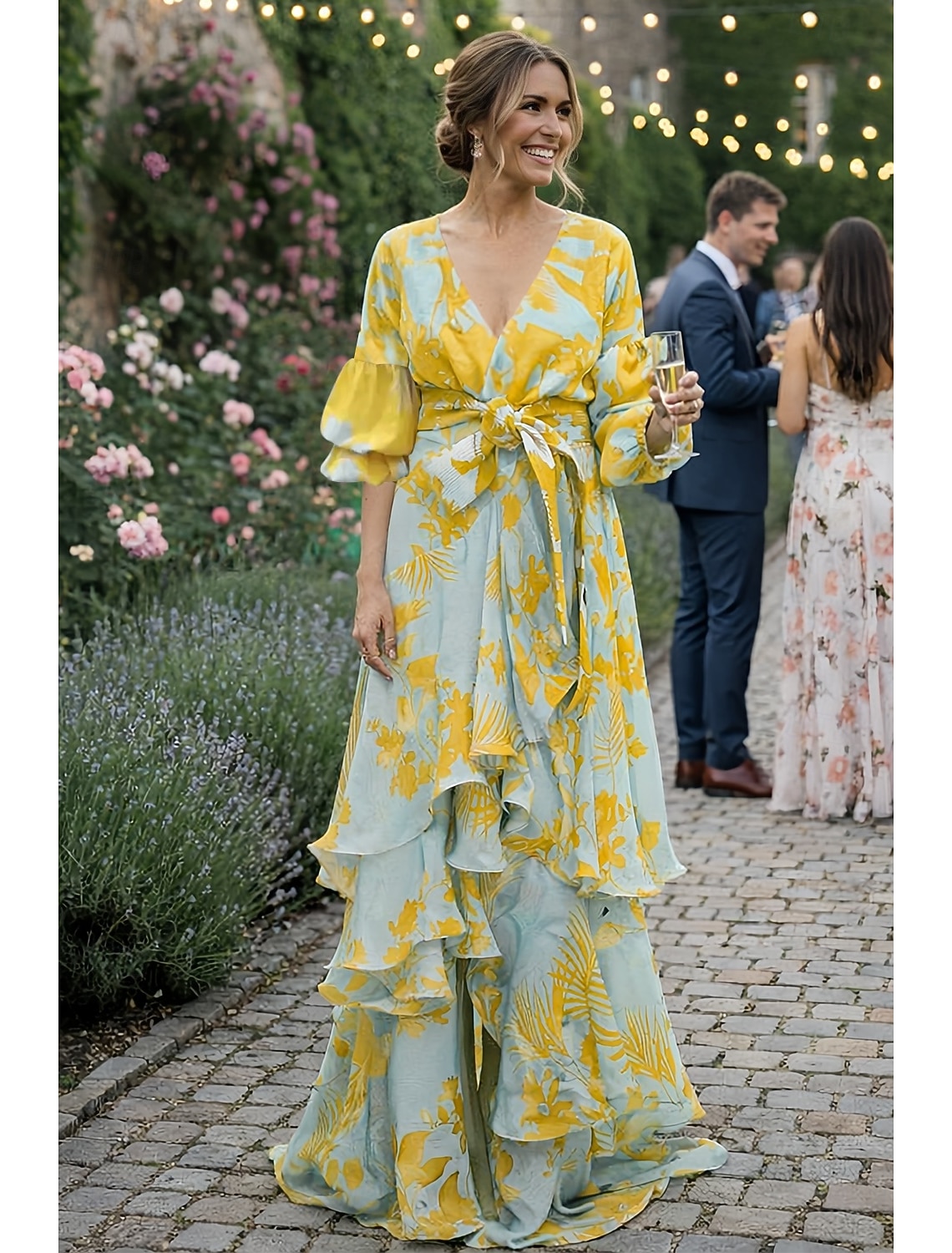 A-Line Floral Dress Beach Wedding Summer Maxi Dresses for Women Holiday Casual Dress Floor Length Long Sleeve V Neck with Print Strappy dress to impress Wedding Guest Dress
