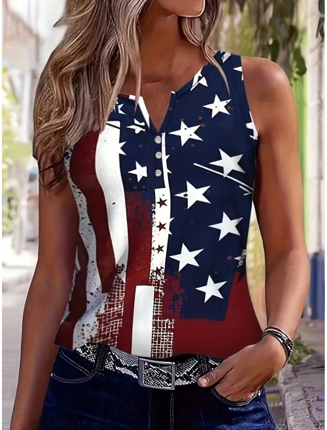 Independence Day Patriotic Women's T Shirt Flag Stylish Classic Sleeveless V Neck Notched Neck Regular Tops Daily Buttons Print Blue Summer Spring