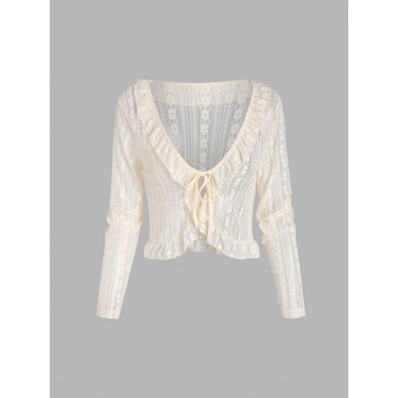 Floral Lace See Thru Ruffle Tie Front Blouse QE5258