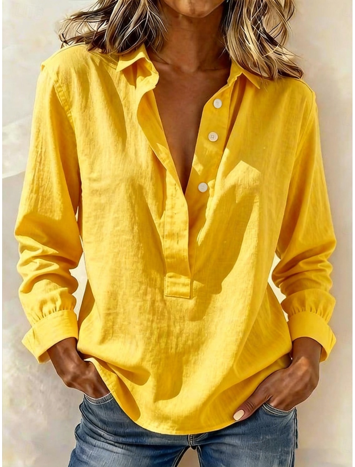 Women's Popover Shirt Summer Shirt Casual Shirt Blouse Buttons Solid Color Fashion Casual Long Sleeve Turndown Regular Tops Daily Beach Holiday Blue White Yellow Pink Green Spring Fall