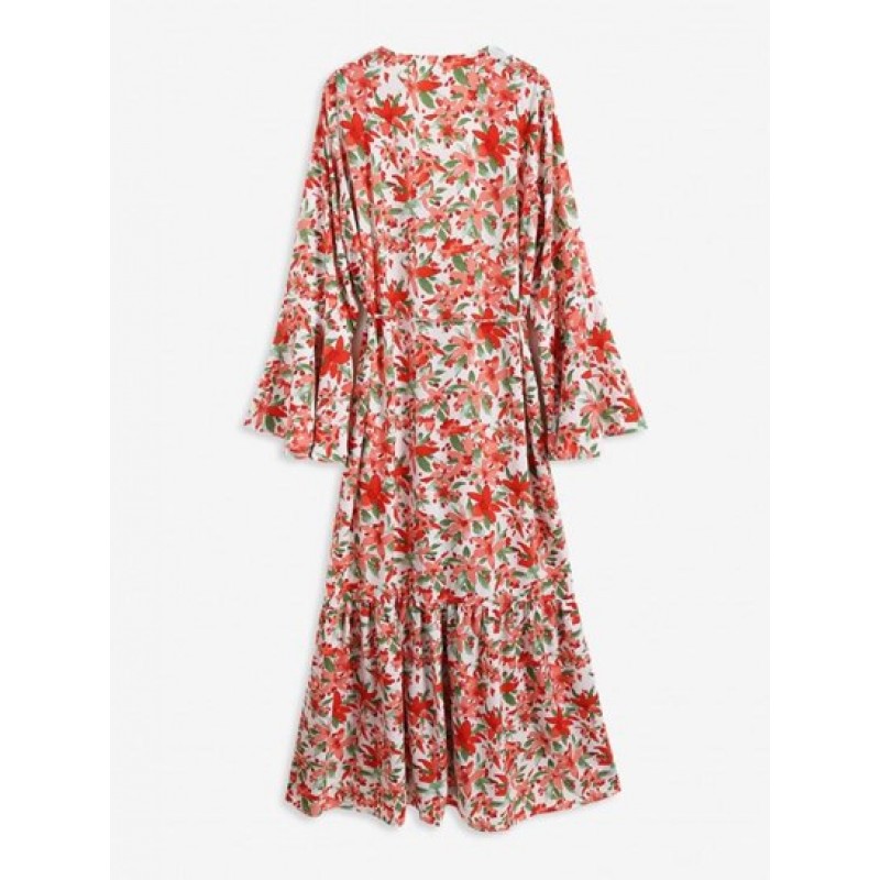 Flower Print Belted Flare Sleeve Maxi Top UM9432