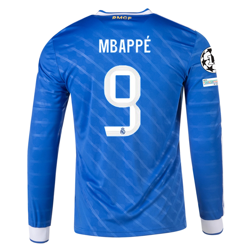 Mbappe Real Madrid Long Sleeve Third Football Shirt 25/26 Champions League Blue White