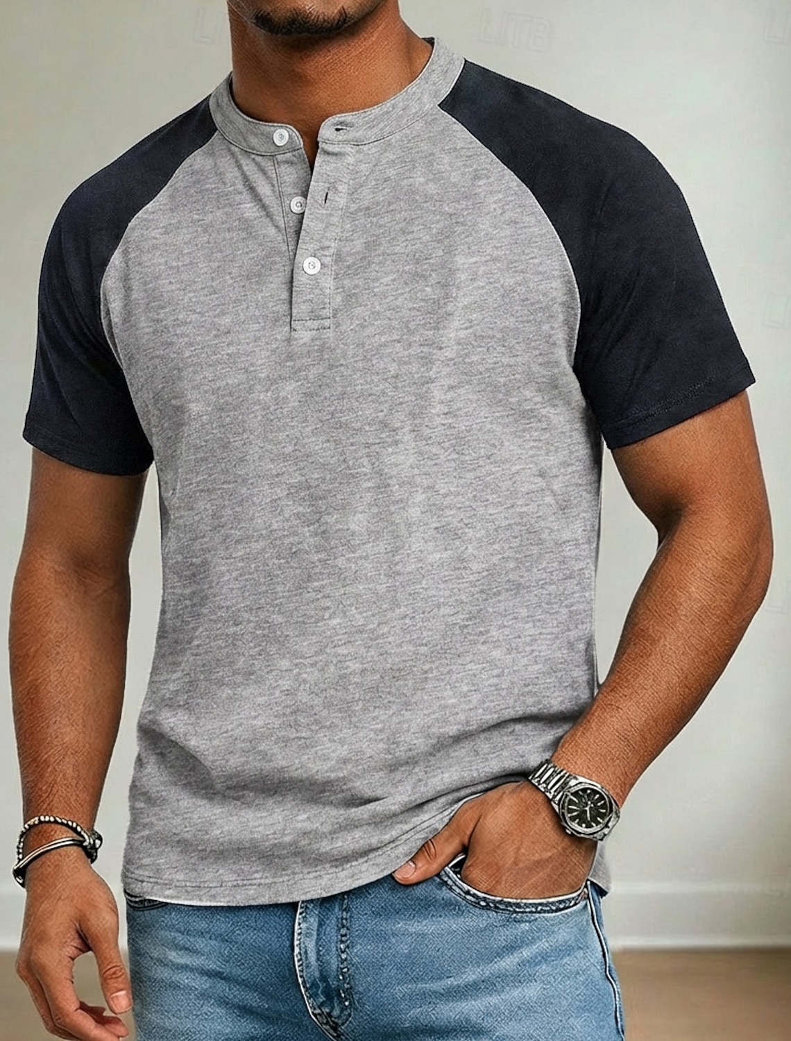 Men's T Shirt Henley Shirt 100% Cotton Acid Wash Shirt Tee Top Long Sleeve Plain Vintage Streetwear Casual Washed Raglan Sleeves Stand Collar Henley Casual Home Street Spring Fall Fall & Winter Black