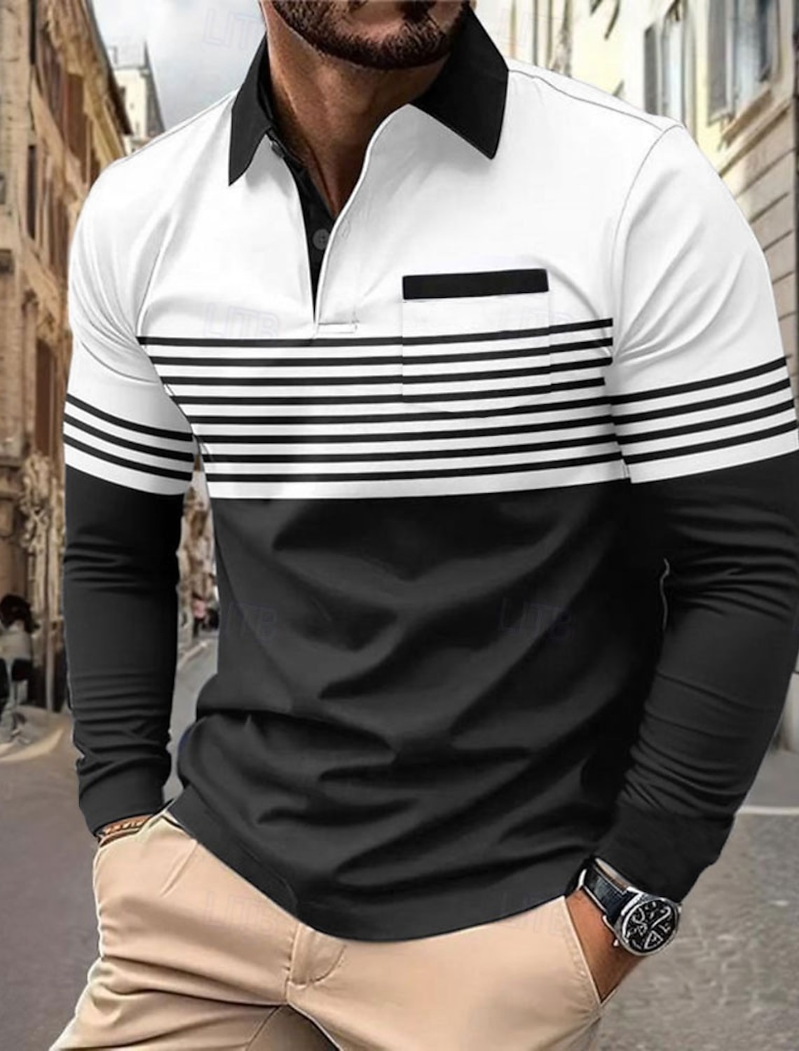 Men's Horizontal Stripes Polo Long Sleeve Shirts Collared Business