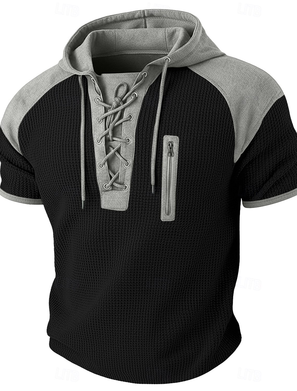 Men's Waffle T-shirt T Shirt Henley Long Sleeve Hooded Lace Up Neck