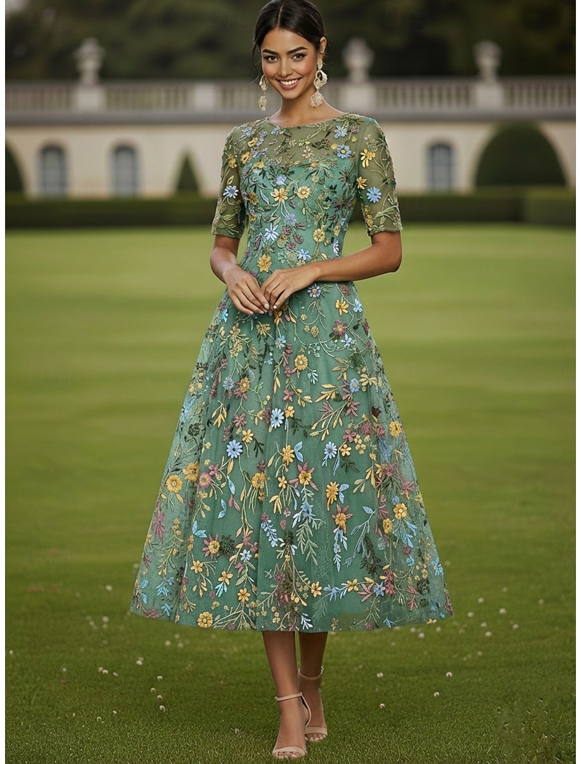A-Line Dress Tea Length Cocktail Dress Wedding Guest Dress Mother of the Bride Dress Half Sleeve Crew Neck Boat Neck Elegant Casual Formal Kentucky Derby Semi Formal Tulle with Embroidery Appliques
