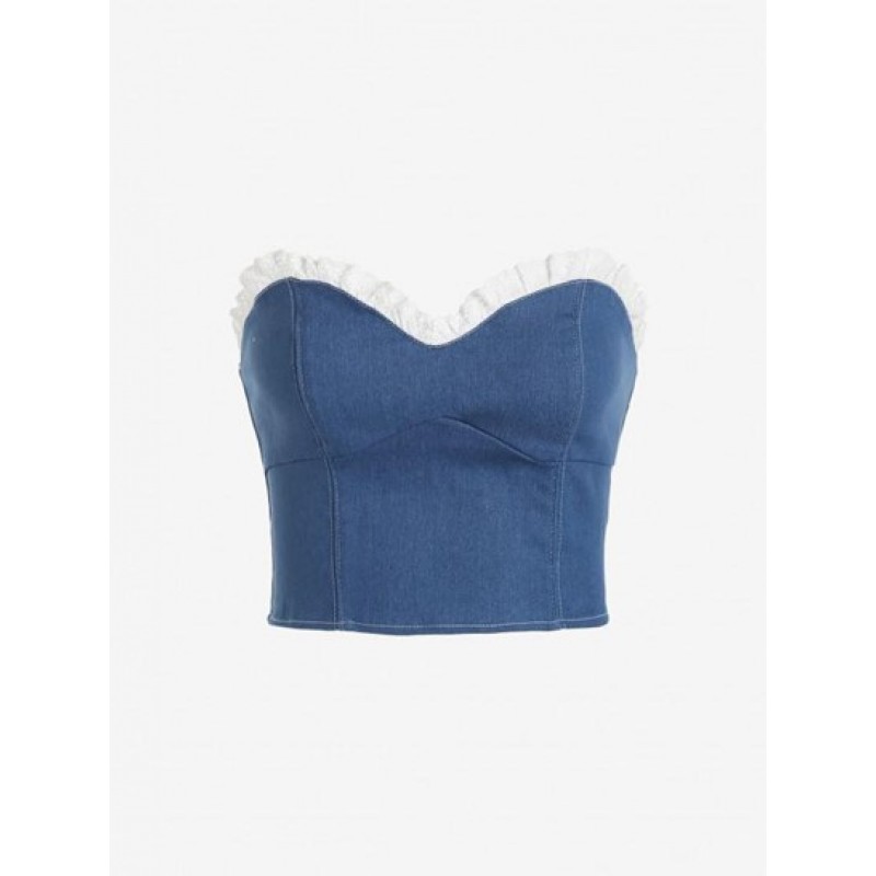 Denim Back Zip Contrast Ruffle Bandeau Corset Top SK2963