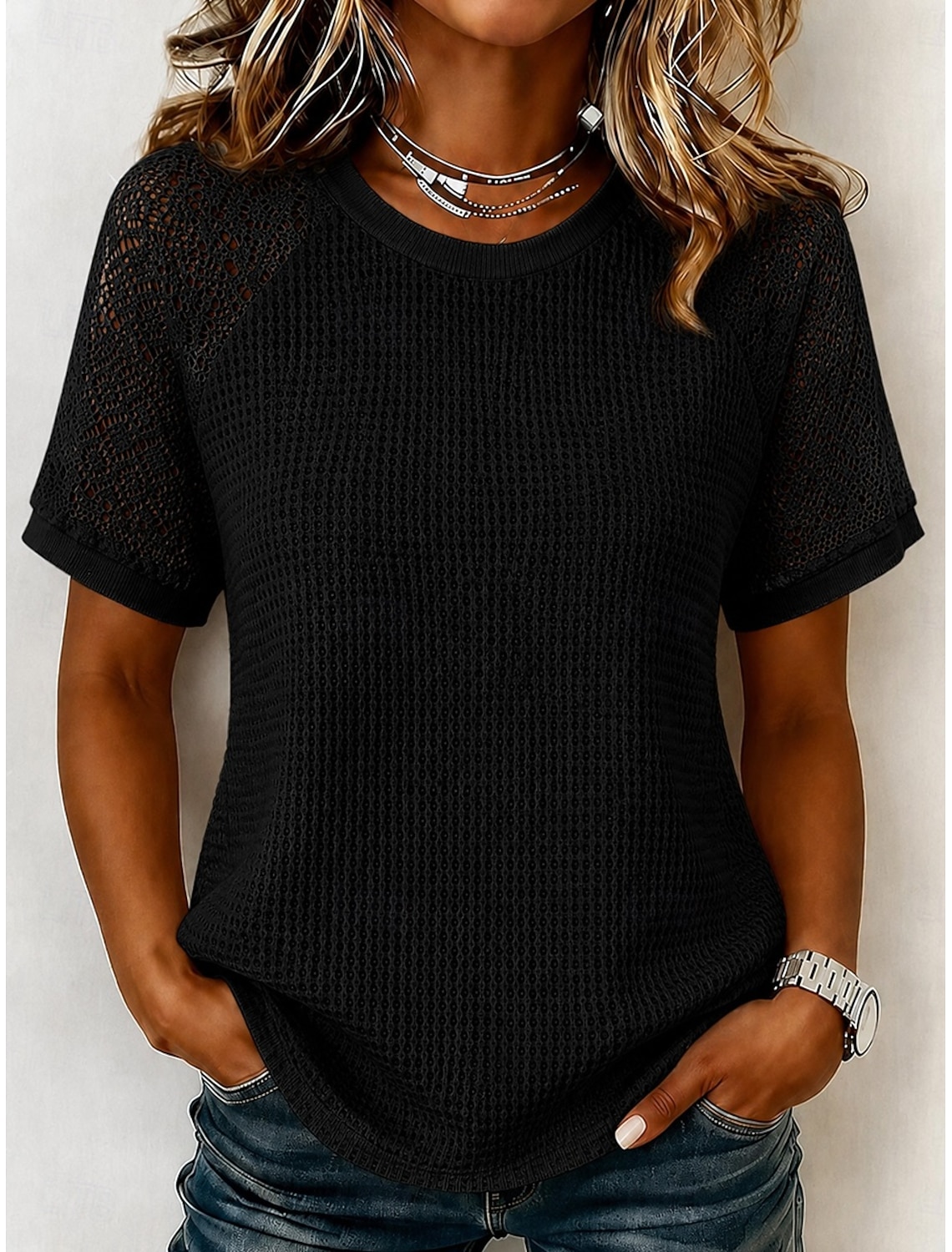 Women's Eyelet Top Lace Splicing Top Contrast Lace Lace Elegant Bohemia Stylish Short Sleeve Crew Neck Long Tops Casual Daily Going out Black White Gray Summer Spring