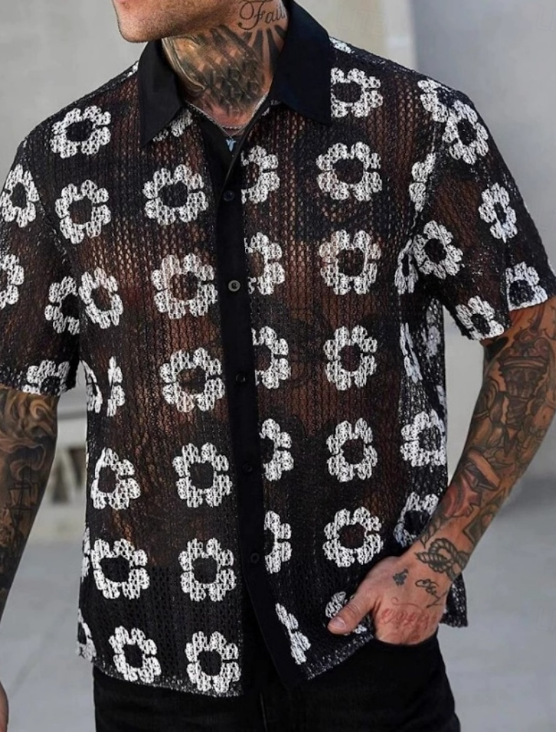 Men's Shirt Casual Shirt Button Up Shirt Jacquard Shirt Black Short Sleeve Floral Shirt Collar Casual Daily Knitting Clothing Apparel Elegant Fashion Casual
