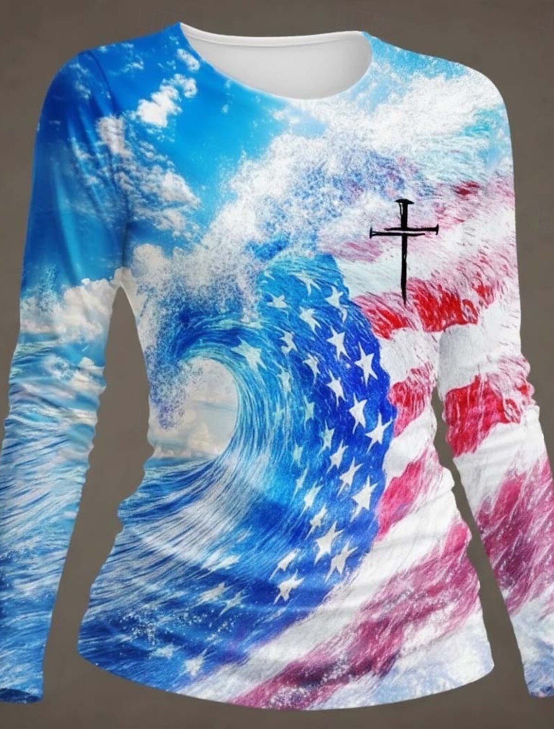 Independence Day American Anniversary Patriotic Women's T Shirt Graphic Flag Stylish Classic Casual Long Sleeve Crew Neck Round Neck Daily Print White-Blue White Light Blue