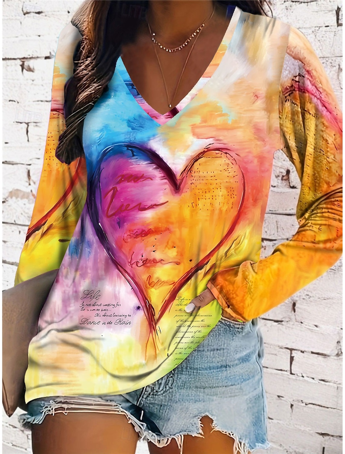 Women's T shirt Long Sleeve V Neck Long Sleeve Tunic Casual Print Regular Tops Daily Yellow Pink Blue Spring & Fall Prefall
