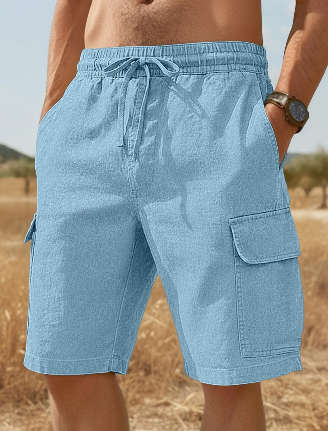 Men's Cargo Shorts Linen Summer Beach Drawstring Elastic Waist Mult #2