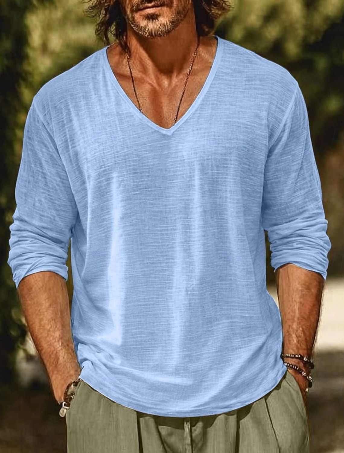 Men's Tee Top Linen T-Shirt Long Sleeve V Neck Spring & Summer Summer Spring Solid Color Plain Daily Casual Street Style Plain Casual Outdoor Street Light Blue Lake blue Black Top Tee for Men