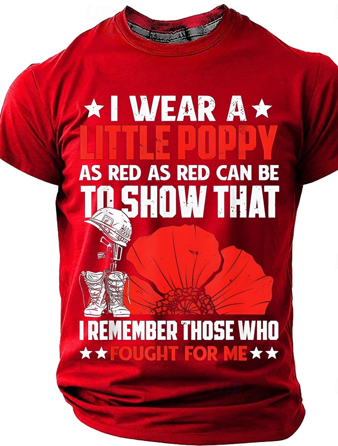 Memorial Day Remembrance Day I Wear A Little Poppy As Red As Red Can Be Men's Soldier Helmet Red Poppy Patriotic Graphic T Shirt Short Sleeve Crew Neck Tee Designer Clothing Apparel S M L XL XXL XXXL