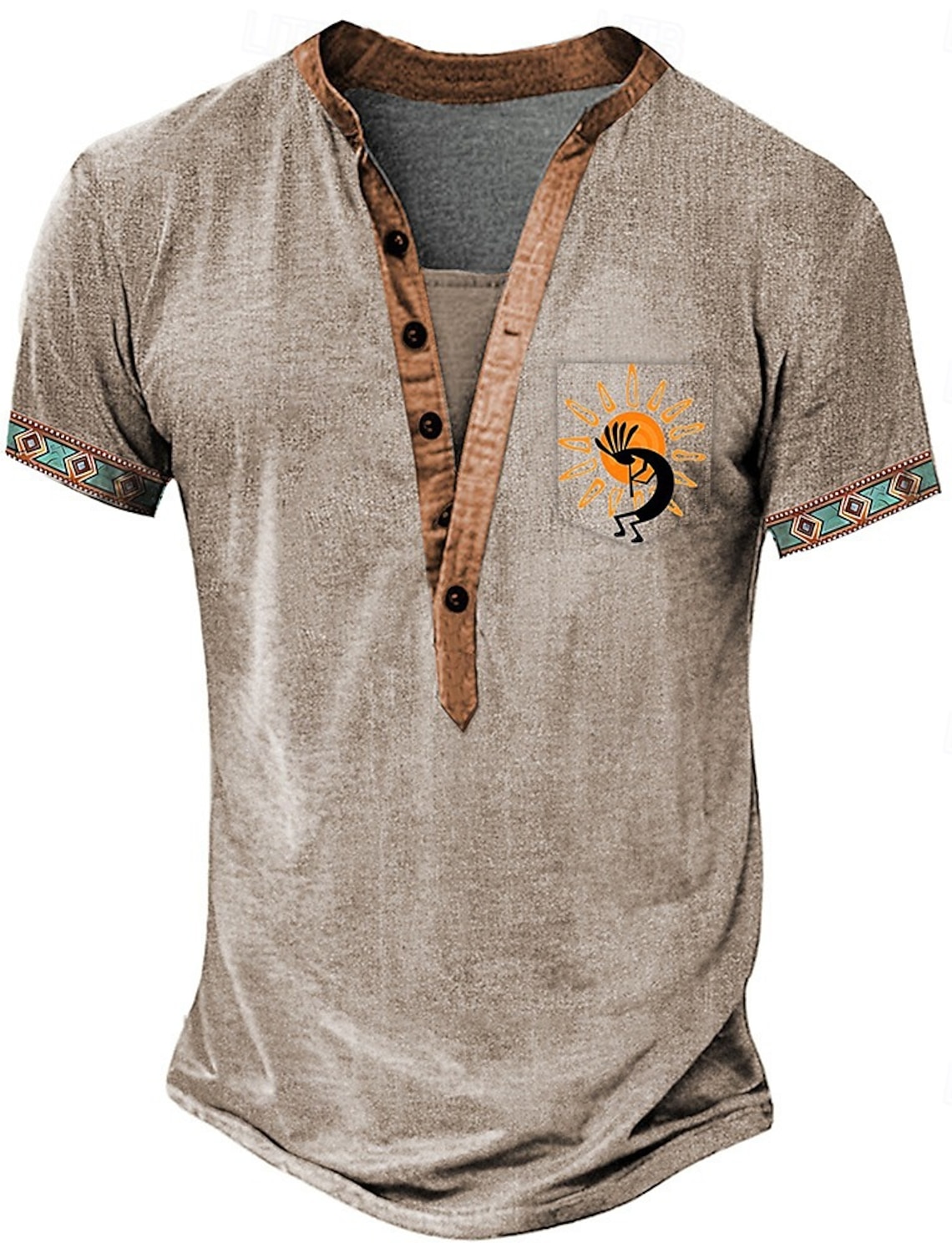 Men's Tribal Ethnic T Shirt Henley Tee Short Sleeve Designer Basic