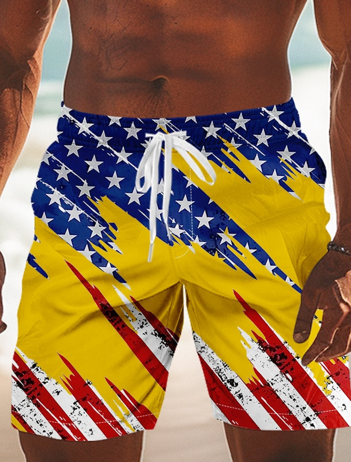 Men's 4th of July U.S. 250th Anniversary American Flag Swim Trunks Bathing Suits Swim Shorts Board Shorts Mid Waist Patriotic Holiday Side Pockets Mesh Lining Elastic Drawstring Waist Designer