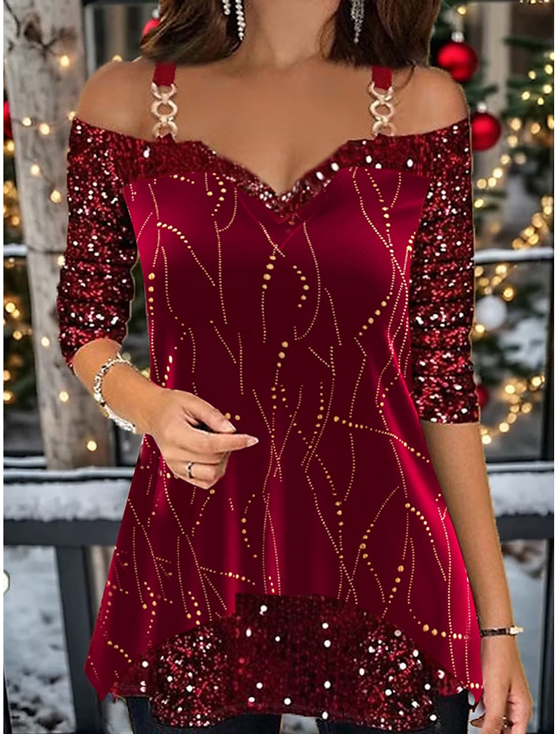 Women's Shirt T Shirt Blouse Shirt Velvet Festival / Holiday Striped Sparkly Sequins Print Cold Shoulder Long Sleeve Regular Tops V Neck Party Weekend Spring & Fall