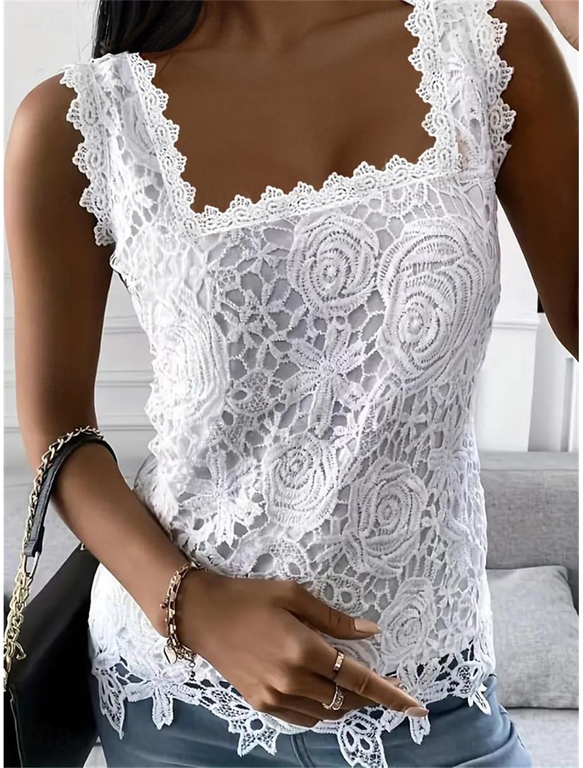 Women's Elegant Lace Tops Eyelet Blouse Sexy Sleeveless Floral Semi-Sheer Square Neckline Scalloped Trim Fashion Slim Fit Date Casual Party Romantic Petite Tops Summer Holiday Wear