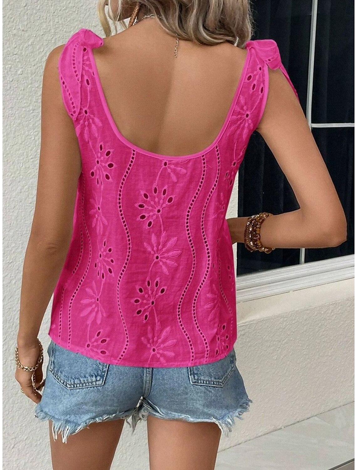 Women's Eyelet top Daily Casual Regular Tops Sleeveless Strap Embroidered Knotted Eyelet Loose Fit Daily Holiday Summer