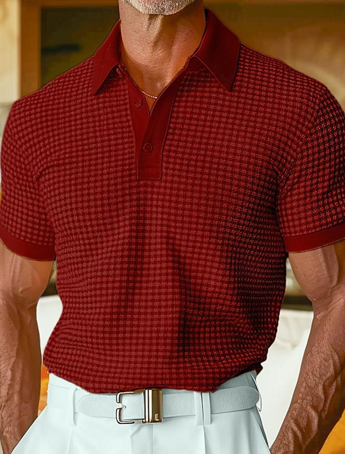 Men's Waffle Polo Shirts Textured Casual Holiday Lapel Ribbed Polo Collar Short Sleeve Fashion Basic Plain Buttons Soft Summer Spring Regular Fit White Yellow Burgundy Mint Green Green khaki Waffle