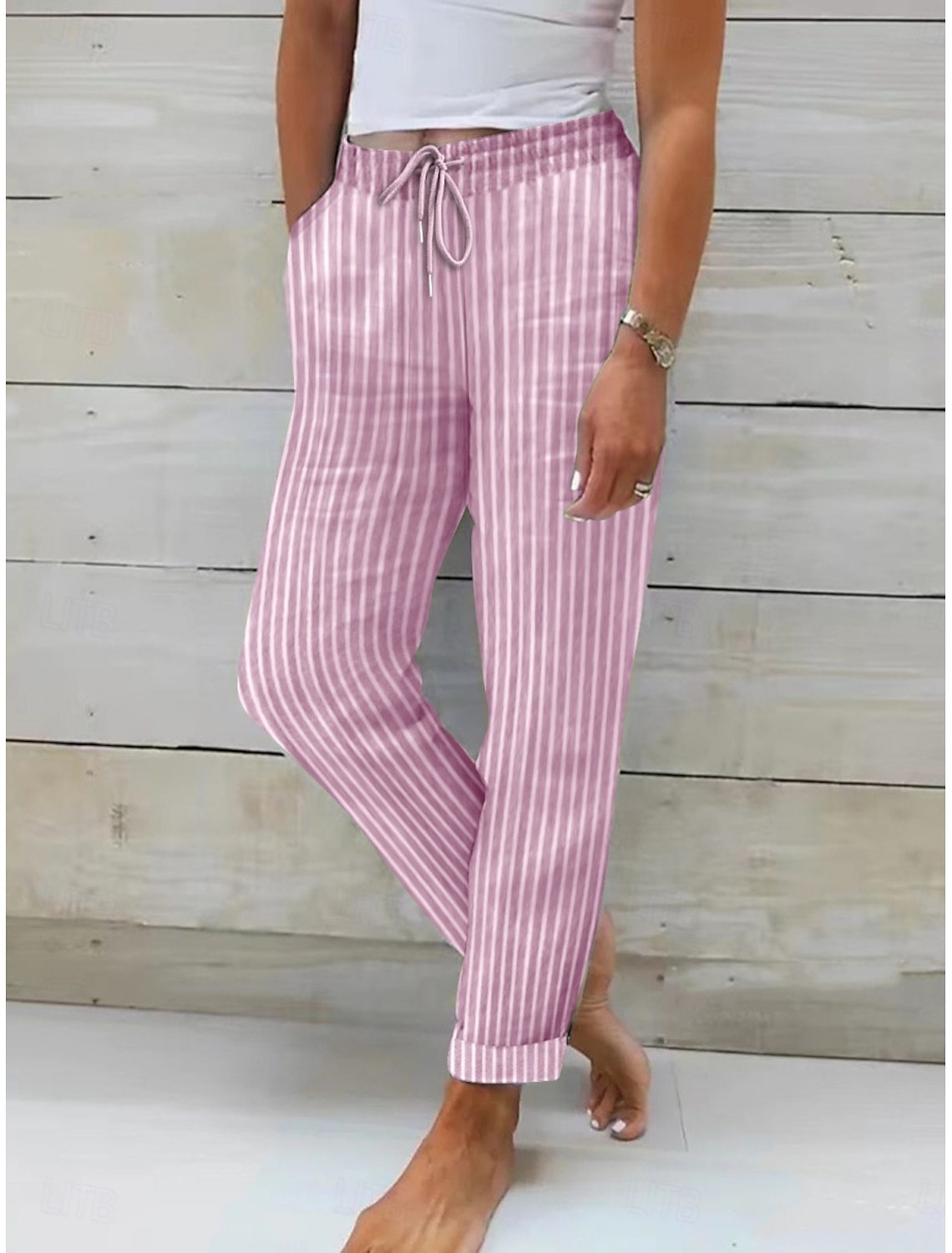 Women's Linen-feel Pants Summer Pants Pants Trousers Streetwear Casual Long High Waist Stripe Pocket Printing Elastic Drawstring Design Breathability Soft Micro-elastic Vacation Street Daily Wear