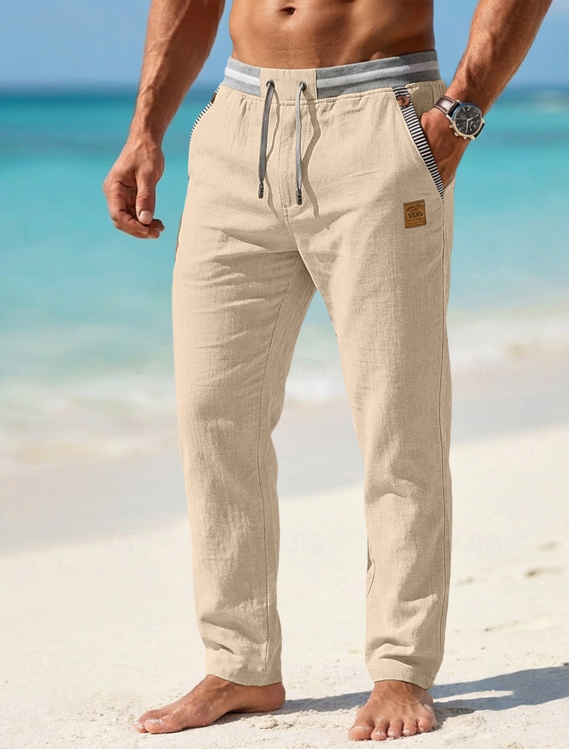 Men's Linen Pants Summer Pants Drawstring Elastic Waist Straight Leg Plain Comfort Breathable Full Length Casual Daily Beach Vacation Fashion Blue Black Inelastic