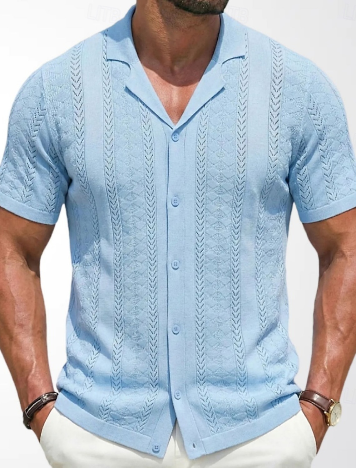 Men's Shirt Casual Shirt Button Up Shirt Jacquard Shirt Blue Green Apricot Short Sleeve Plain Cuban Collar Casual Daily Buttons Clothing Apparel Viscose Elegant Fashion Casual