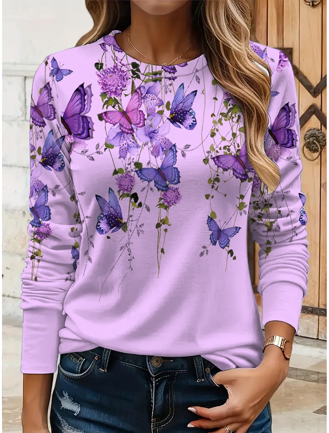 Women's T shirt Long Sleeve Crew Neck Long Sleeve Tunic Floral Graphic Butterfly Vintage Stylish Classic Round Neck Regular Tops Daily Print Black White Yellow Pink Blue Fall Prefall
