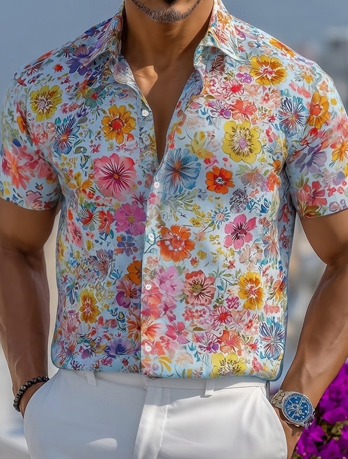 Men's Colorful Floral Print Tropical Flowers Shirt Summer Hawaiian Shirt Tropical Shirts Short Sleeve Hawaiian Resort Beach Vacation Wear Summer Spring Turndown 3D Print Button Up Shirts Blue White
