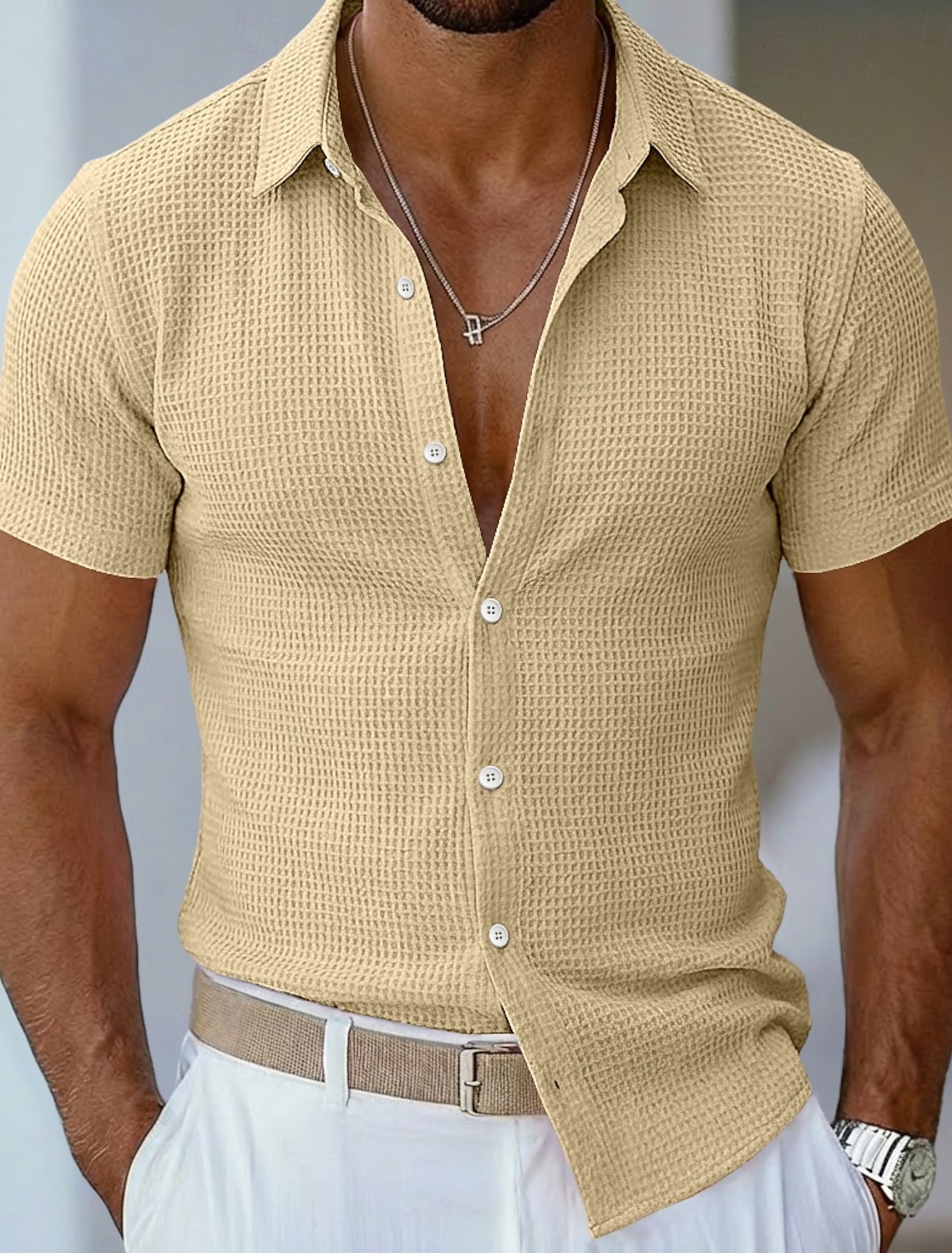 Men's Shirt Waffle Texture Casual Button Up Blue Black White Pink