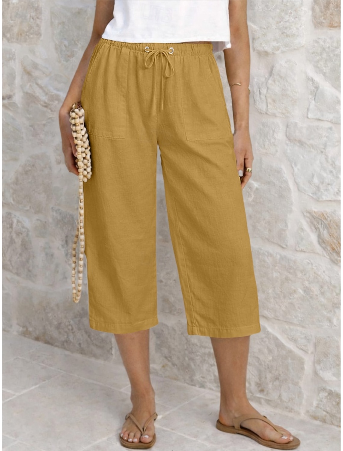 Women's Capri Pants Summer Shorts Cropped Pants Linen Capri Pants Fashion Basic Calf-Length Medium Waist Plain Drawstring Pocket Elastic Waist Lightweight Breathable Inelastic Vacation Street Daily