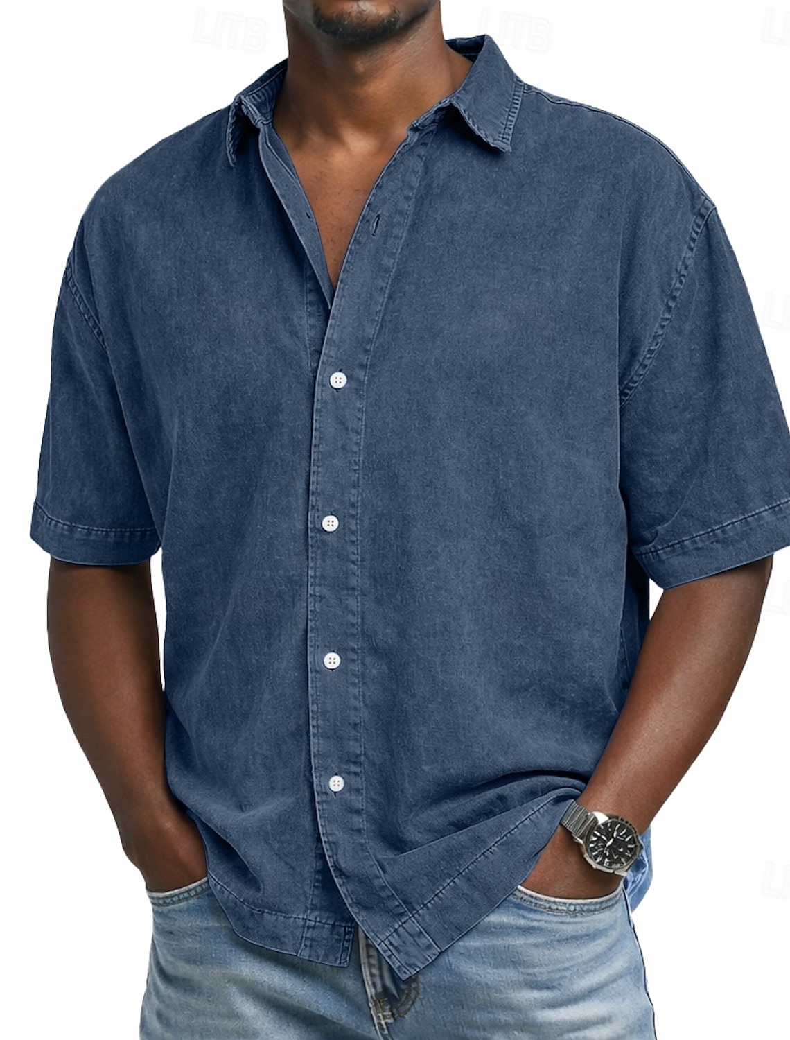 SoftFade™ Men's Shirt Casual Shirt Denim Shirt 100% Cotton Acid Wash Shirt Acid Wash Shirt Black Pink Navy Blue Purple Green Short Sleeve Plain Shirt Collar Casual Daily Clothing