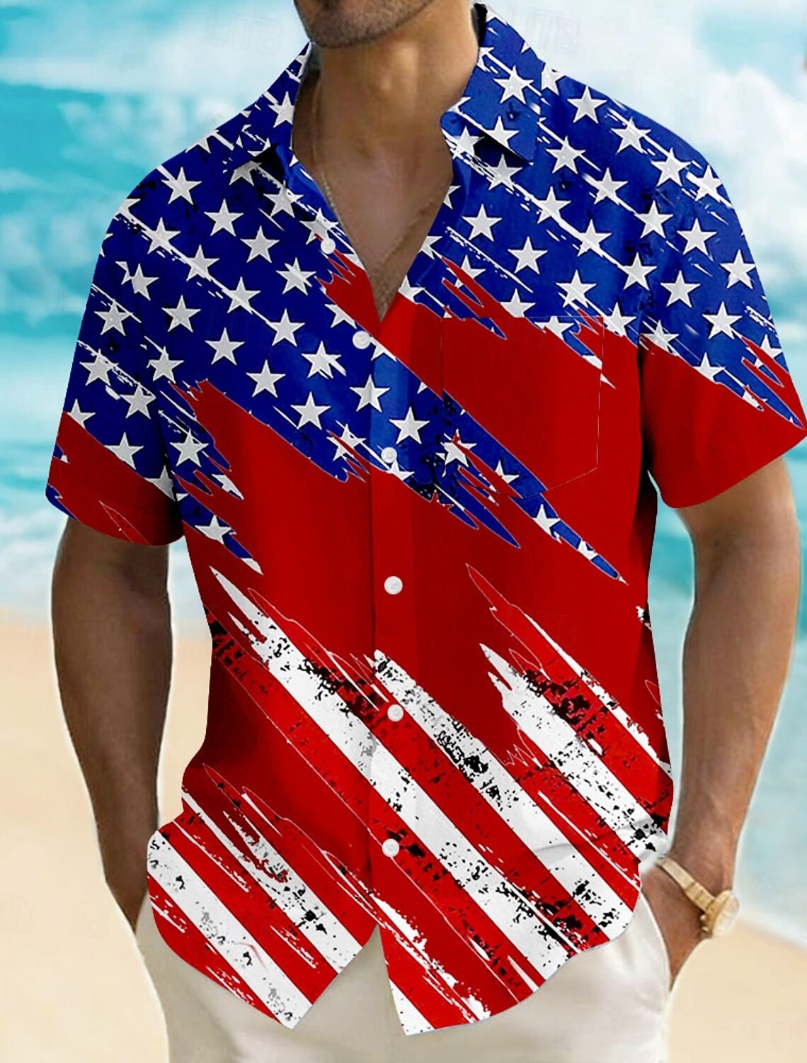 Men's 4th of July U.S. 250th Anniversary American Flag Shirt Summer Shirt Button Up Shirt Short Sleeve Patriotic Outdoor Holiday Summer Spring Turndown 3D Print Front One Pocket Linen Like Shirt Blue