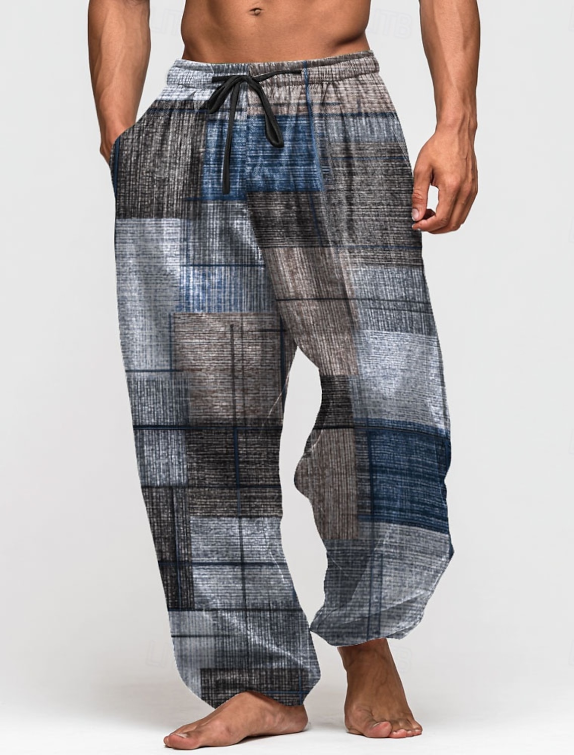 Men's Geometric Color Block Trousers Baggy Pants Casual Mid Waist