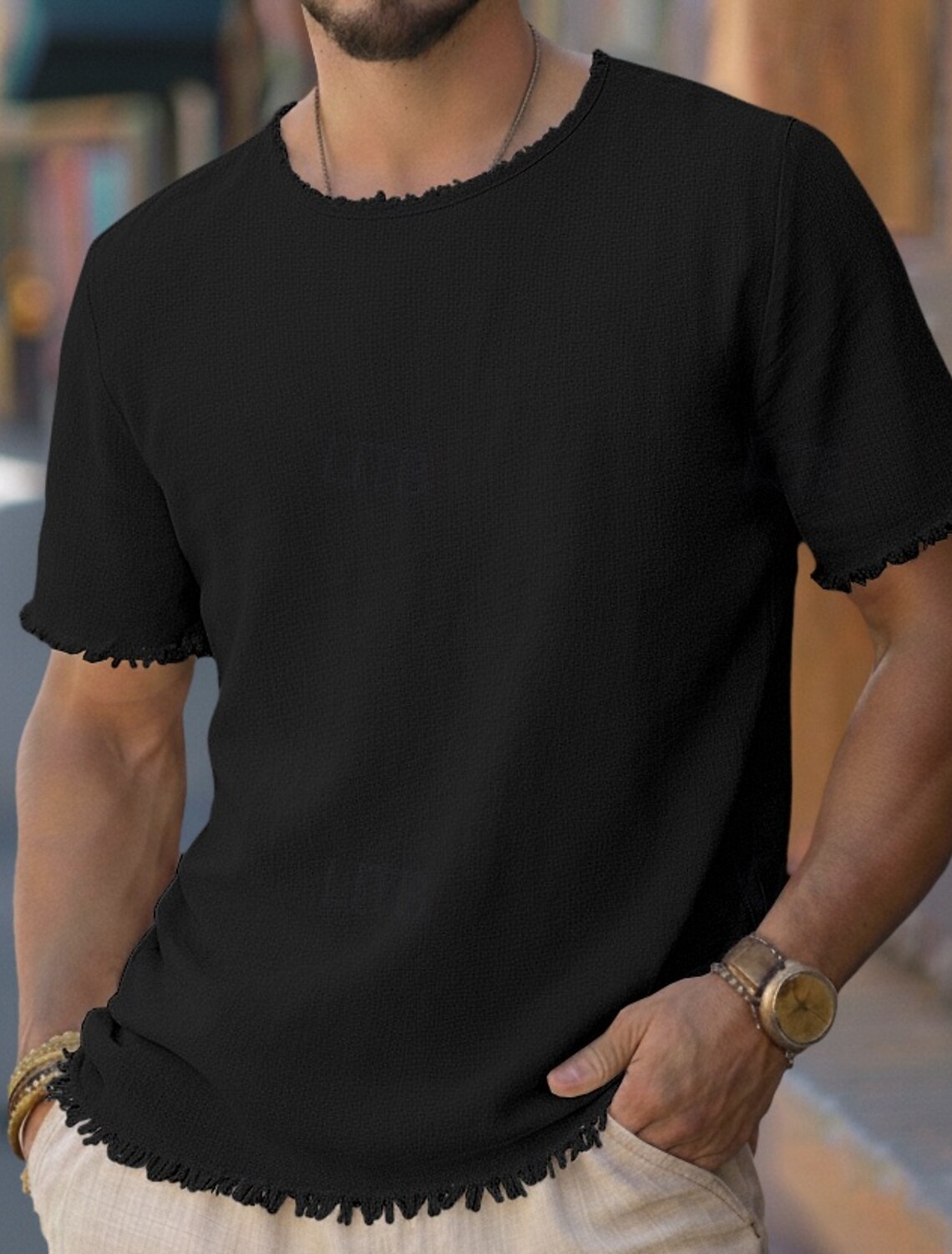 Men's Tee Top Linen T-Shirt Short Sleeves Crew Neck Round Summer Plain