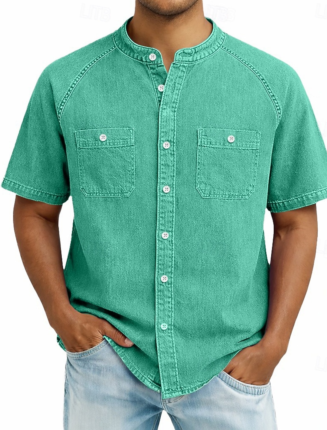 SoftFade™ Men's Shirt Casual Shirt Button Up Shirt Cotton Acid Wash Shirt Black Light Green Pink Purple khaki Short Sleeve Plain Grandad Collar Casual Daily Front Pocket Clothing