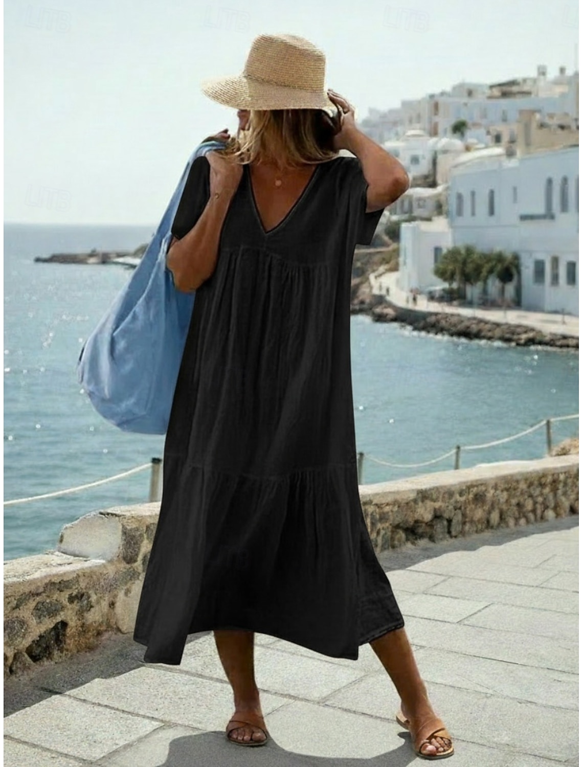 Women's Midi Dress 100% Cotton Cotton Linen Dress Fashion Modern Outdoor Vacation Holiday Loose Fit Plain Short Sleeve V Neck Blue Black White Light Green Summer Spring