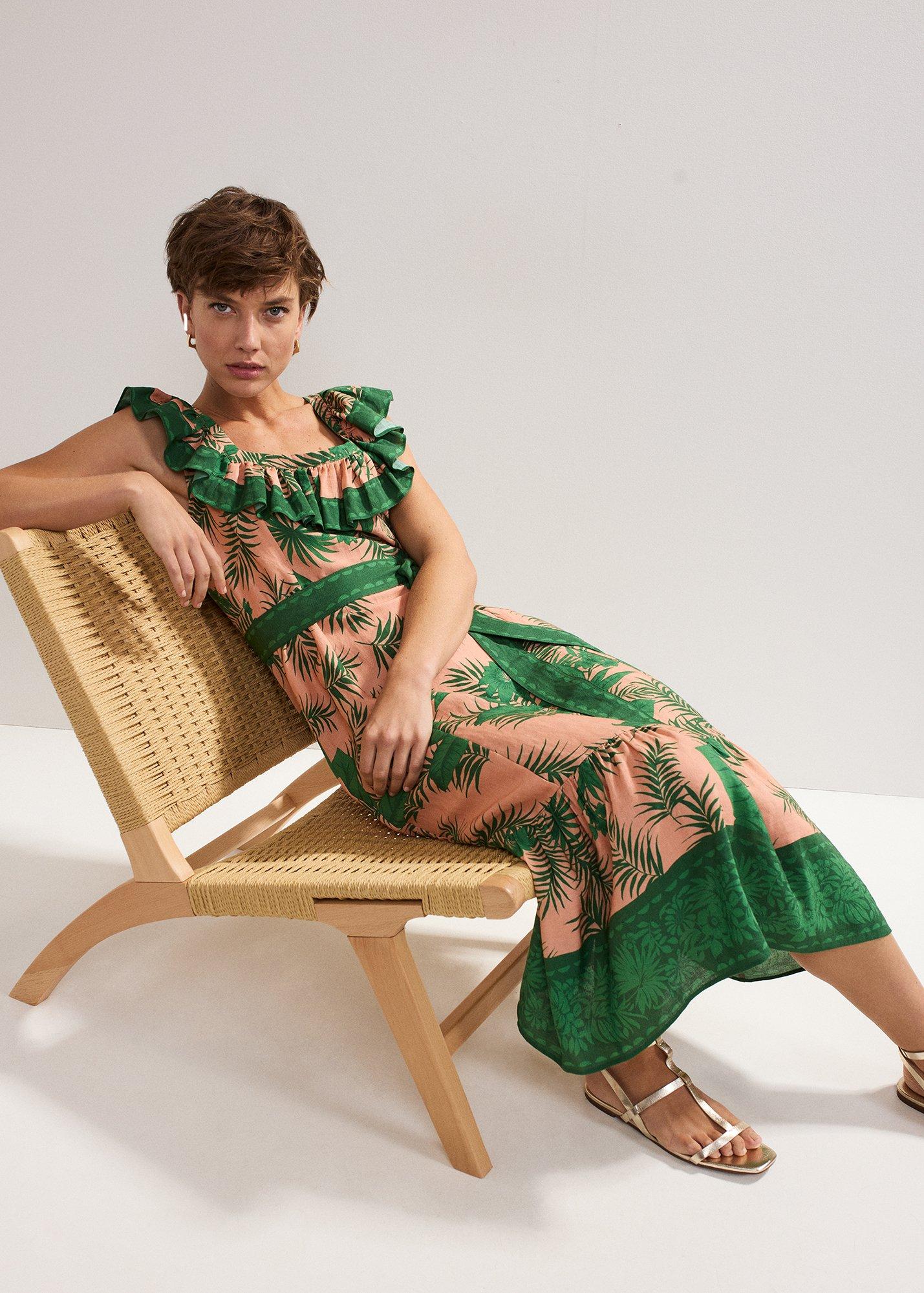 Sandra Frill Sleeve Palm Midi Dress