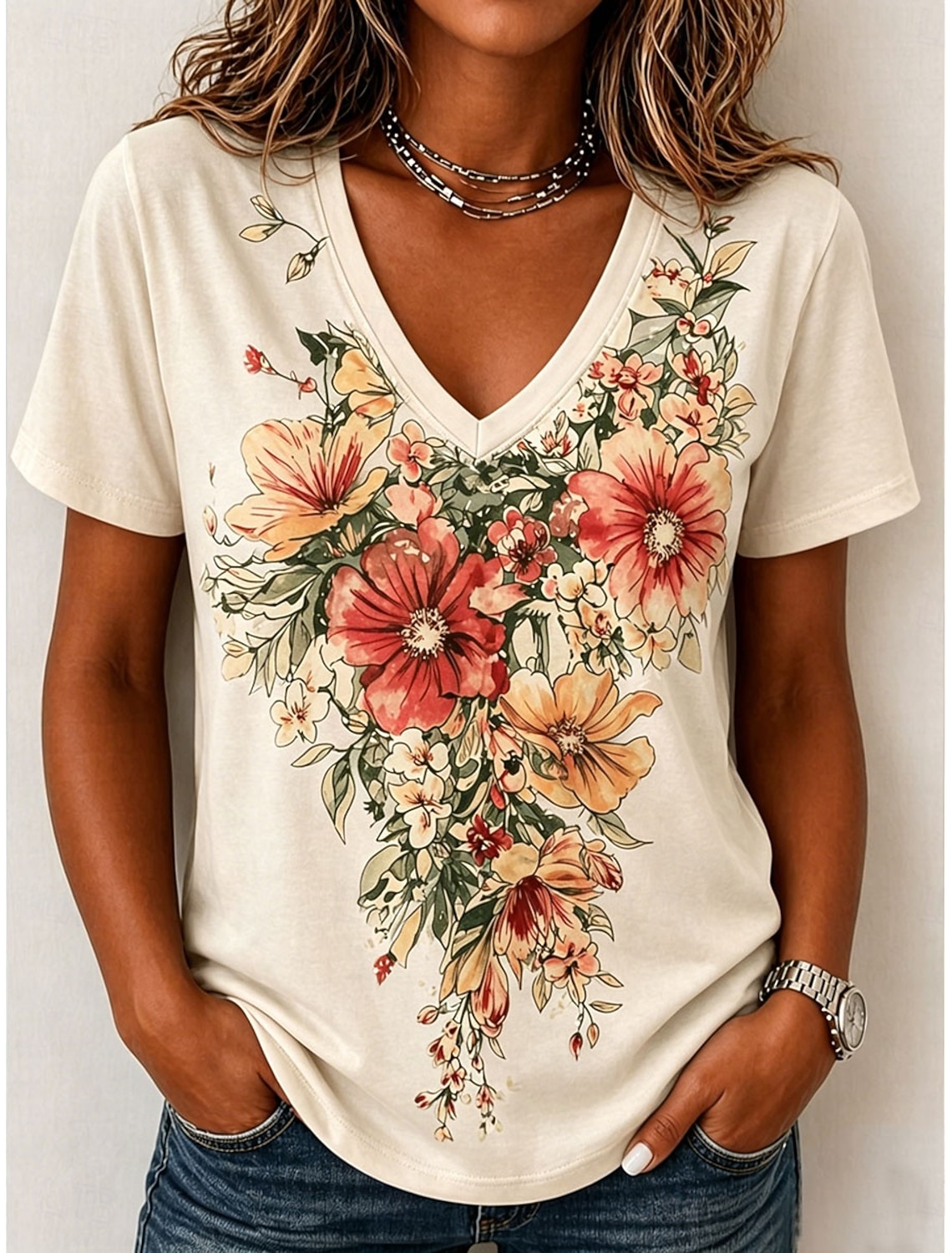 Women's T Shirt Print Floral Graphic Stylish Classic Casual Short Sleeve V Neck Regular Tops Casual Daily Blue Pink Purple Green Beige Summer Spring