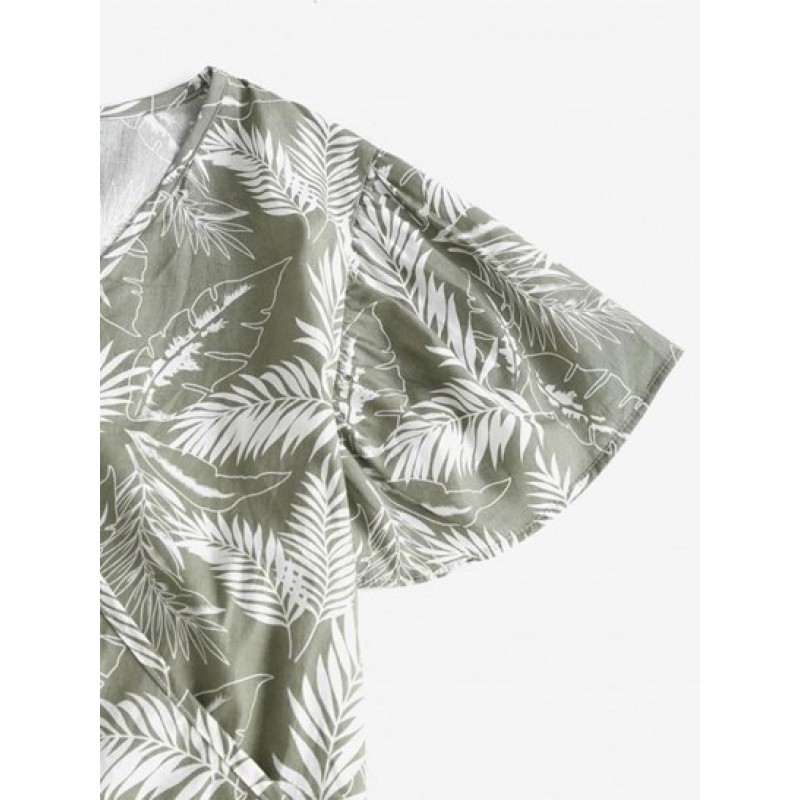 Leaf Print Tropical Surplice Tied Blouse HP5793