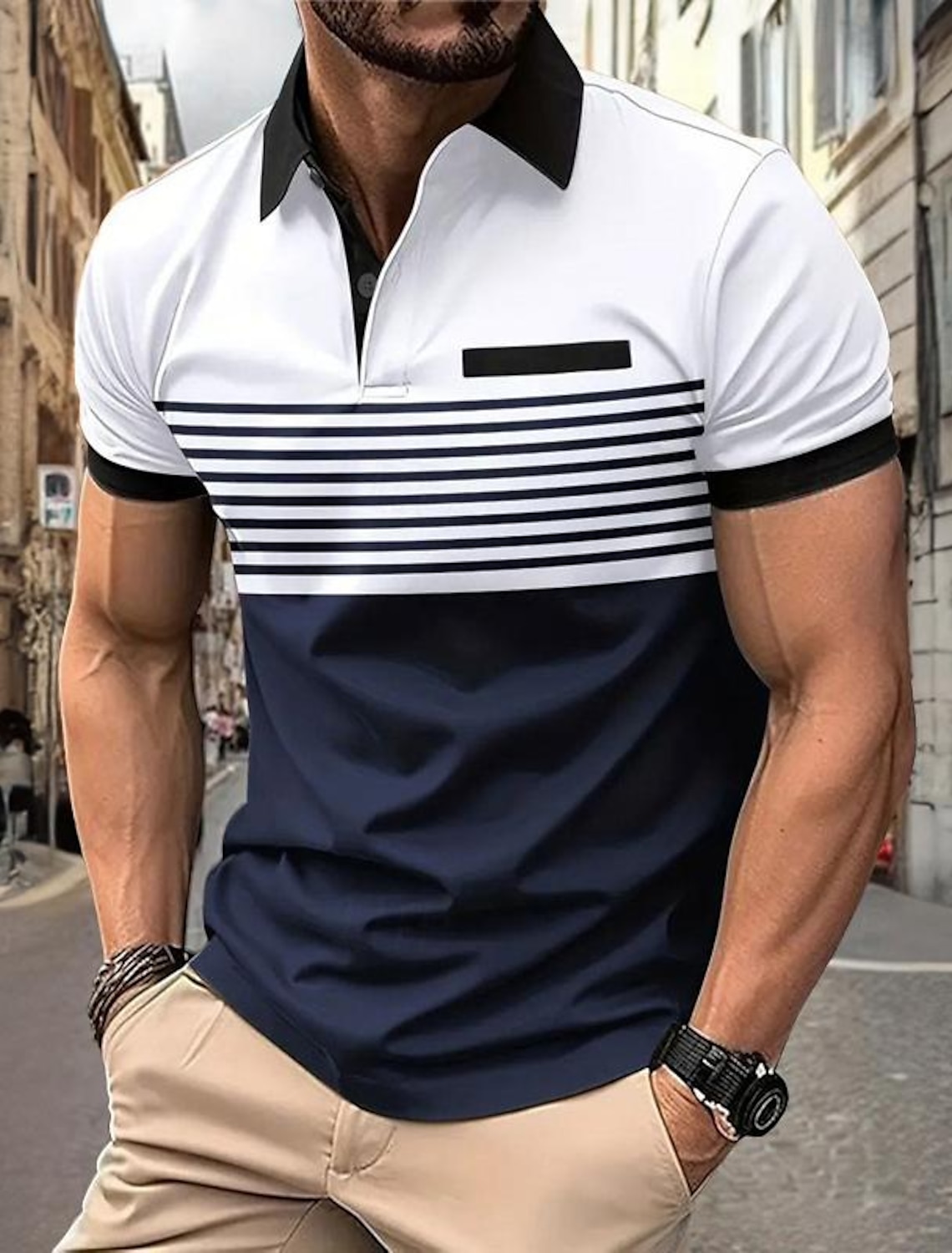 Men's Horizontal Stripes Polo Long Sleeve Shirts Collared Business