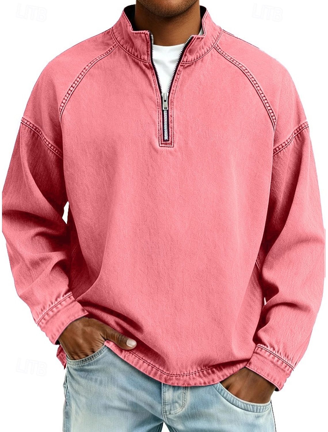 SoftFade™ Men's 100% Cotton Acid Wash Shirt Tee Top Long Sleeve Stand Collar Spring Fall Plain Vintage Streetwear Casual Zip Up Basic Casual Home Street Black Pink Top Tee for Men