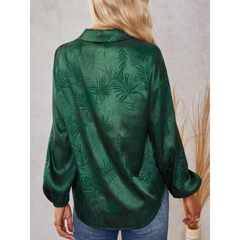 Leaves Jacquard Silky Satin Button Down Shirt KK3508
