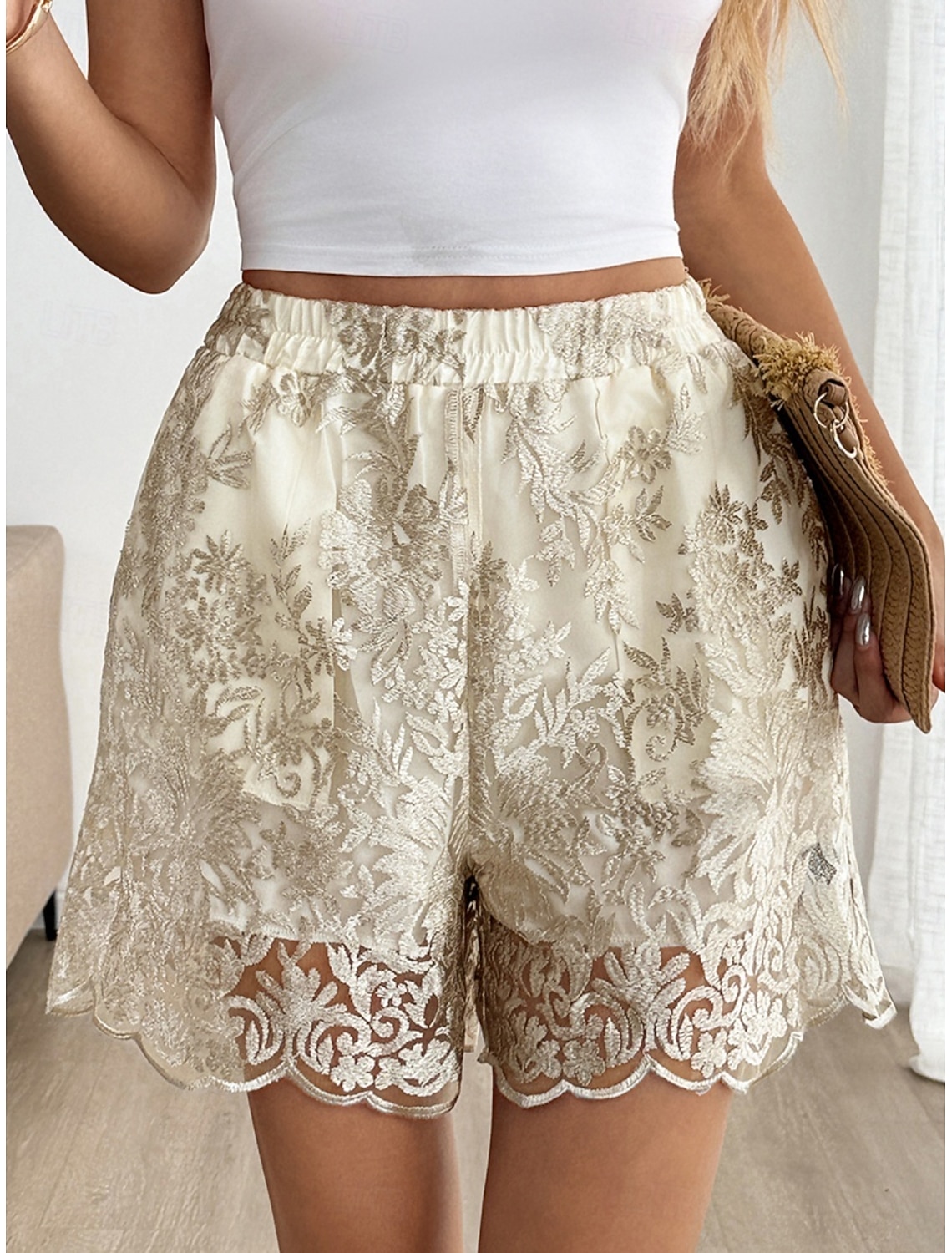 Women's Chinos Shorts Elegant Fashion Streetwear Short High Waist Floral Plain Embroidered Pocket Elastic Waistband Comfy Soft Comfortable Stretchy Outdoor Vacation Street Apricot Summer Spring